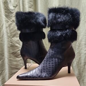 WildRose Black Rabbit Fur-Trimmed Embossed Pointy Booties